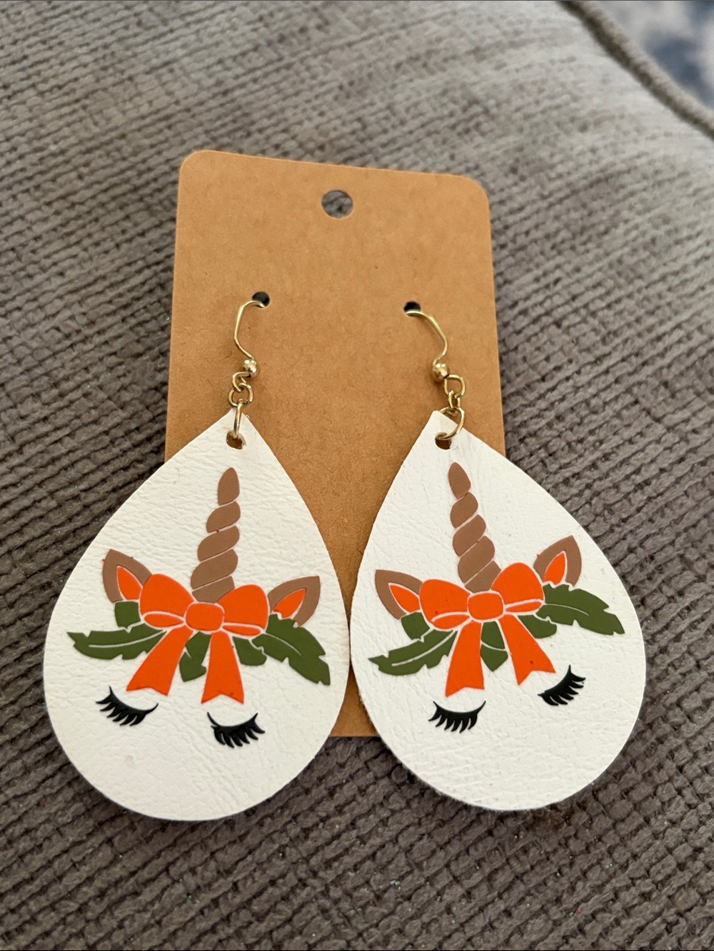 Handmade Unicorn Fall Teardrop Earrings with Orange & green Accents